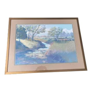 2000s Impressionist Plein Air Landscape Pastel Drawing by D. Mung, Framed