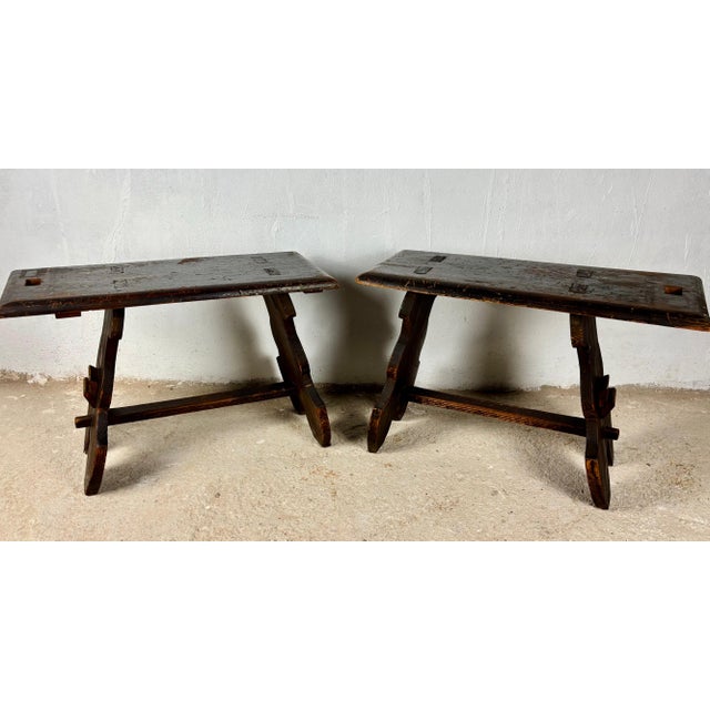 Brown Pair of Rustic Spanish Wooden Stools, 1900s For Sale - Image 8 of 12