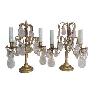 19thc Opulent French Louis XVI Rock Crystal & Bronze Table Lamps/ Girandoles a - Pair For Sale