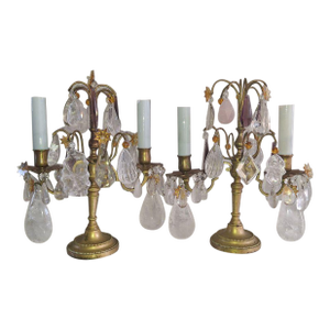 19thc Opulent French Louis XVI Rock Crystal & Bronze Table Lamps/ Girandoles a - Pair