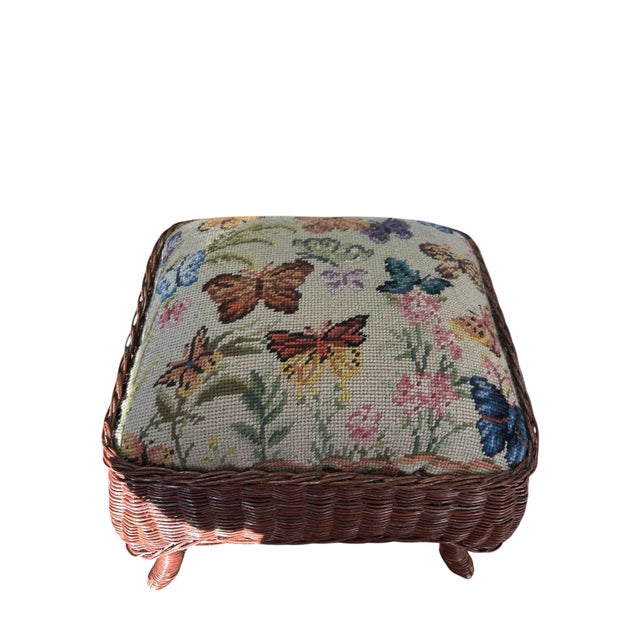 Vintage Wicker and Needdlep;oint Footstool For Sale In Boston - Image 6 of 7