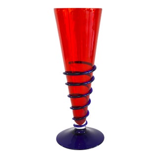 Signed Murano Blown Red Blue Swirl Art Glass Vase Italy For Sale