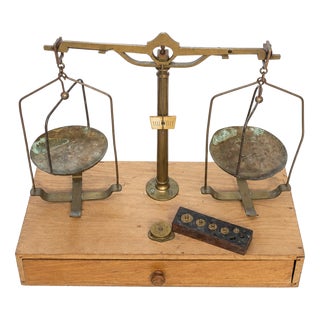 Antique French Brass Apothecary Balance Scale with Original Weights, 1890s For Sale
