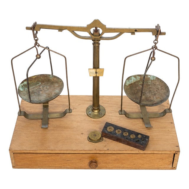 Antique French Brass Apothecary Balance Scale with Original Weights, 1890s For Sale