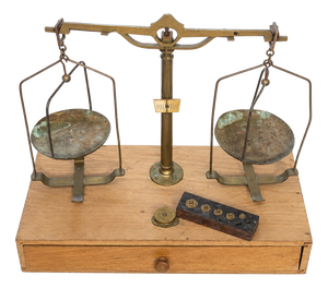 Antique French Brass Apothecary Balance Scale with Original Weights, 1890s