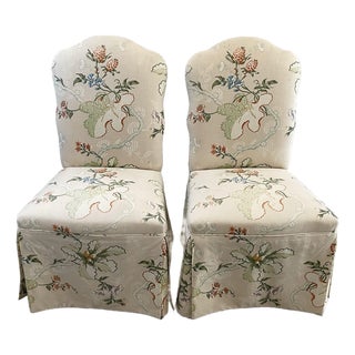 Vintage 1960s French Revival Skirted Dining Chairs in Brunschwig & Fils Fabriano Fabric — Pair For Sale