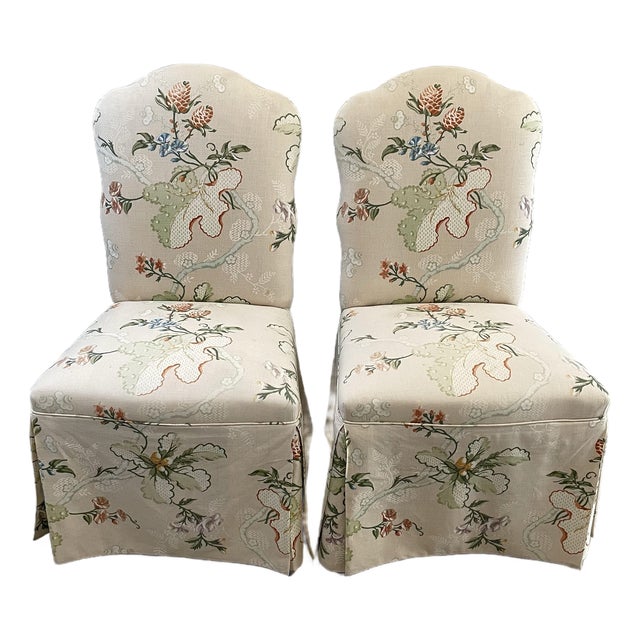 Vintage 1960s French Revival Skirted Dining Chairs in Brunschwig & Fils Fabriano Fabric — Pair For Sale