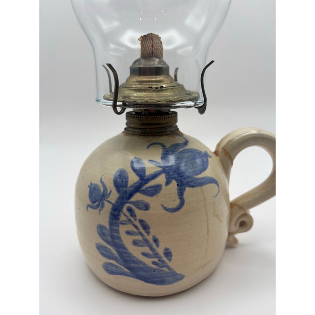 Folk Art Antique Blue & White Stoneware Oil Lamp With Glass Chimney For Sale - Image 3 of 10