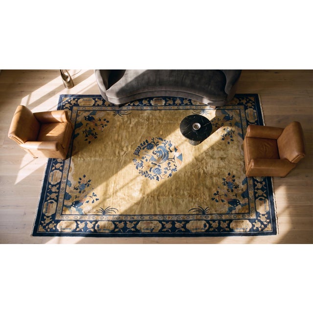 Cute Tan Background Color and blueFlower Border Medallion/Crest Pattern Antique Chinese Peking Rug For Sale - Image 12 of 14