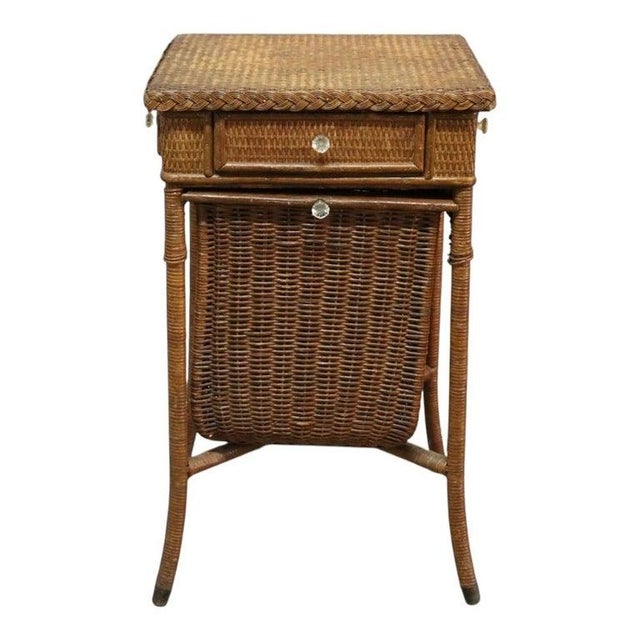 Arts & Crafts Antique Heywood Wakefield Wicker Sewing Stand Signed C1920 For Sale - Image 3 of 11
