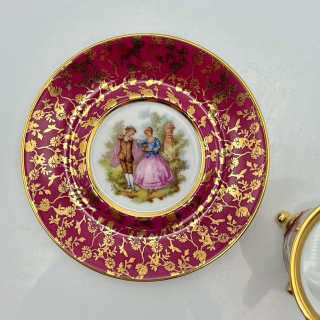 Vintage Ruby Red Porcelain Coffee Service with Gilt Romantic Fragonard Scene from Limoges, 1970s, Set of 13 For Sale - Image 13 of 18