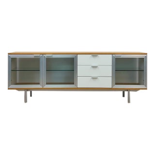 Modern MCM Wood Glass Metal Sideboard Credenza White Natural Frosted Glass For Sale