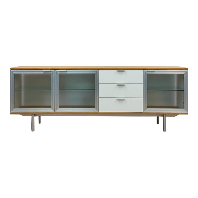 Modern MCM Wood Glass Metal Sideboard Credenza White Natural Frosted Glass For Sale
