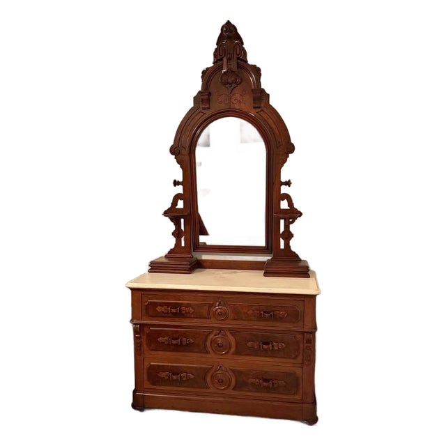 Antique Eastlake Victorian Marble Top Dresser W/Mirror For Sale