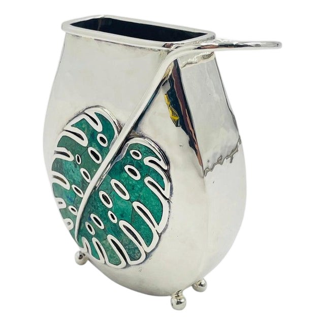 Vintage Silver & Malachite Vase by Emilia Castillo, Mexican Modernism For Sale