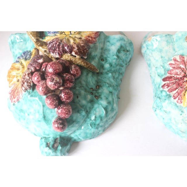 Aqua Pair of Italian Ceramic Majolica Pottery, Grapes, Aqua Turquoise Blue Wall Pocket Vase Planters For Sale - Image 8 of 11