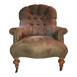Ethan Allen Tufted Olive Sueded Club Chair For Sale