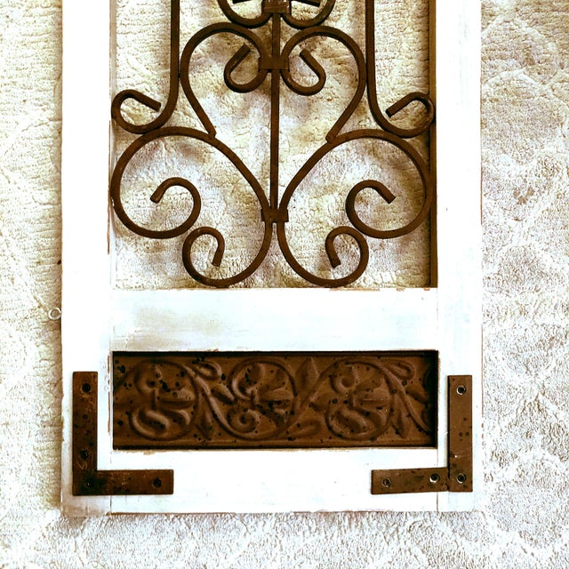 Antique Farmhouse Wood Framed Scrolling Metal Decorative Open Screen
