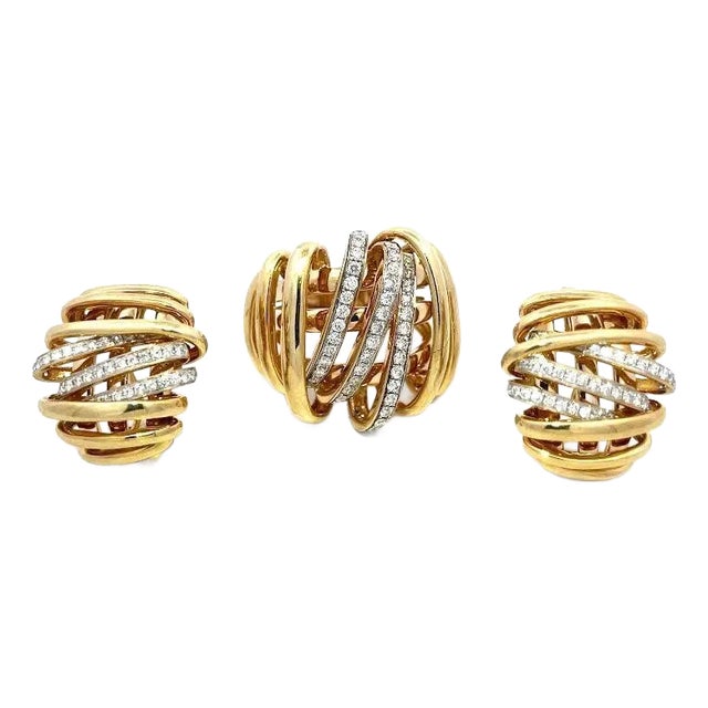 Diamond Gold Earrings & Rings Set 14k Yellow Ribbon Wrap Design, 3 Pieces For Sale