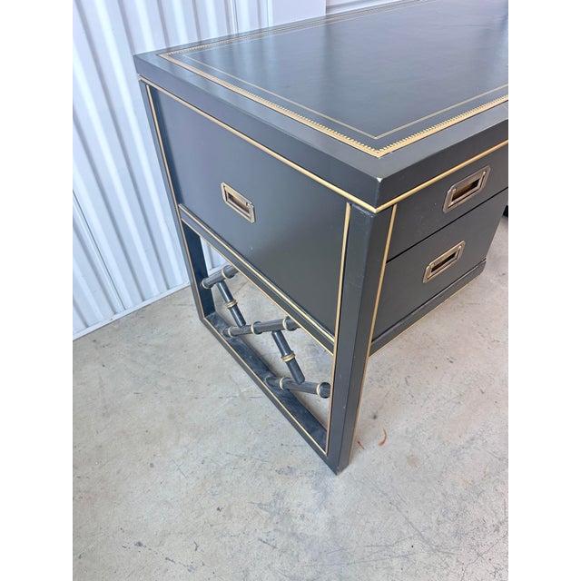 Vintage Sligh Furniture Black Lacquer Campaign Desk With Gold-Tooled Leather Top & Faux Bamboo Base For Sale In New Orleans - Image 6 of 15