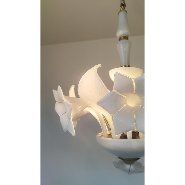 Vintage Italian White Murano Styled Calla Lilly Chandelier Brass Lighting 1970s For Sale - Image 4 of 17