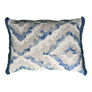 Odell Blue and Grey Ikat Lumbar Rectangle Designer Pillow With Down Feather Insert For Sale