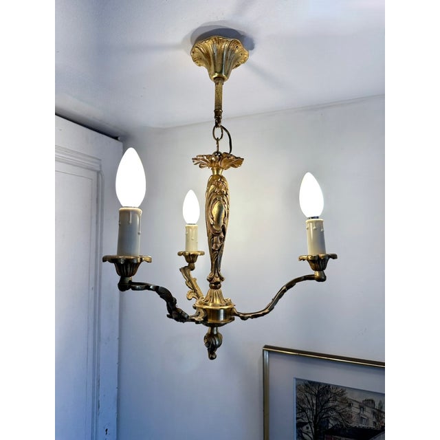 Louis XV Cast Brass Three-Light Chandelier, France, 1940s For Sale - Image 13 of 16