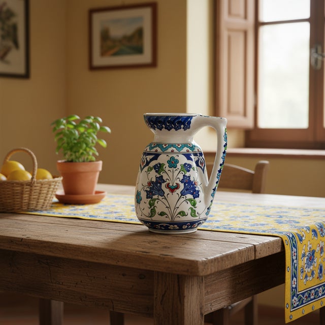 Turkish Handmade Ceramic Pitcher (20cm) – Blue Arches & Colorful Spring Florals – Wide Mouth Jug For Sale - Image 3 of 11