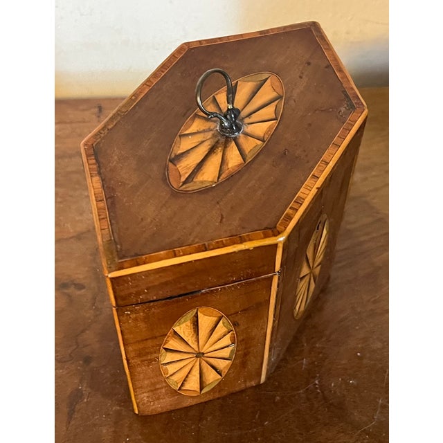 English Antique Early 19th Century English George III Hexagonal Mahogany Tea Caddy of Elegant Proportion With Paterae Fan Inlay For Sale - Image 3 of 18