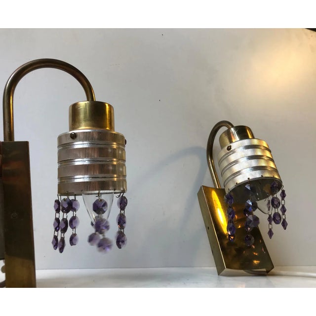 Mid-Century Modern Scandinavian Brass & Crystal Modern Prism Wall Lights, 1960s, Set of 2 For Sale - Image 3 of 8