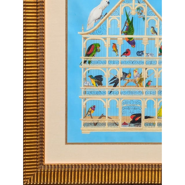 Blue Jennifer Lively “Bird Cage” Contemporary Blue Toned Surreal Still Life Painting of Various Birds, 2016 For Sale - Image 8 of 11