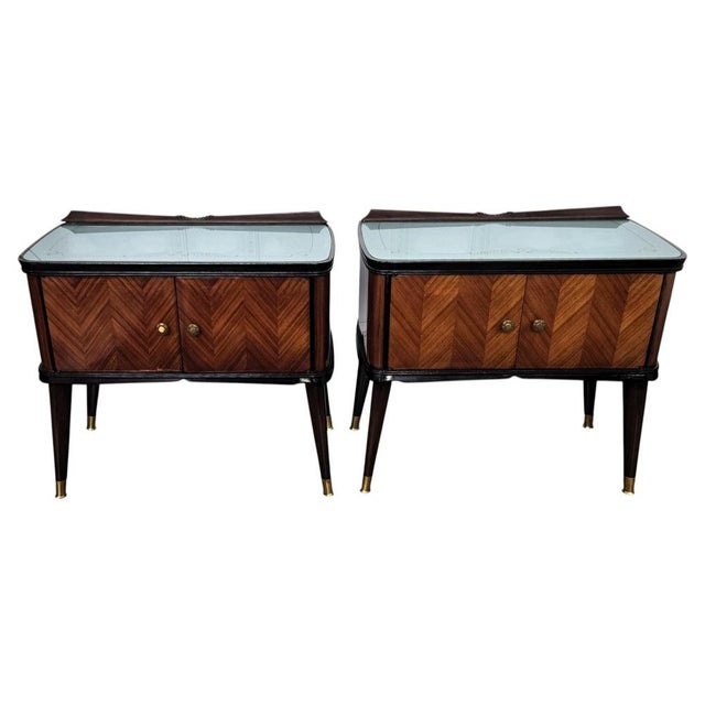 Mid-Century Art Deco Italian Nightstands with Walnut Glass Top, 1950s, Set of 2 For Sale - Image 11 of 11