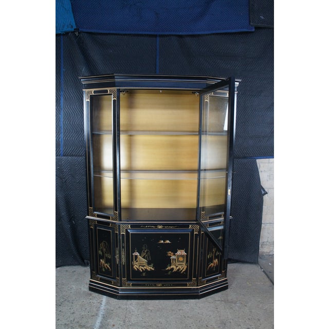 Late 20th Century Vintage Jasper Black Lacquer Chinoiserie China Display Cabinet Pagoda Landscape, Attributed For Sale - Image 5 of 13