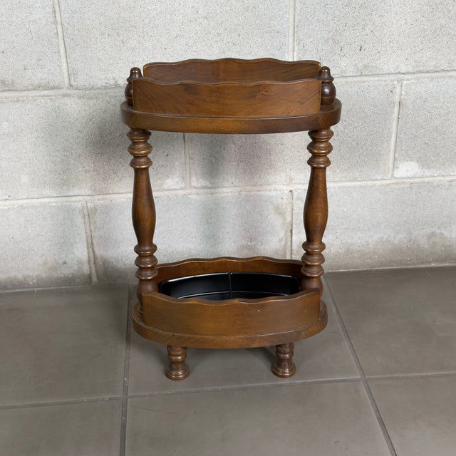 Vintage Wooden Umbrella Stand with Turned Columns and Metal Tray, 1960s For Sale - Image 3 of 11