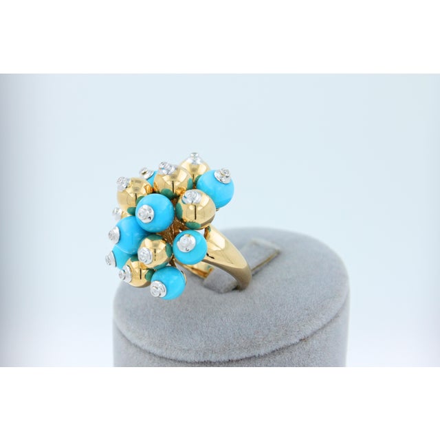 Blue Turquoise Diamonds Golden Spheres Balls Christmas Bells Motif 18k Gold Ring, Size 7 For Sale - Image 17 of 18