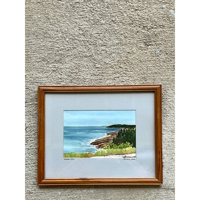 Wood Vintage Framed Coastal Landscape Watercolor For Sale - Image 7 of 12