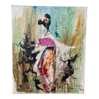 1970s Abstract Chinoiserie Vibrant Geisha Portrait Painting For Sale
