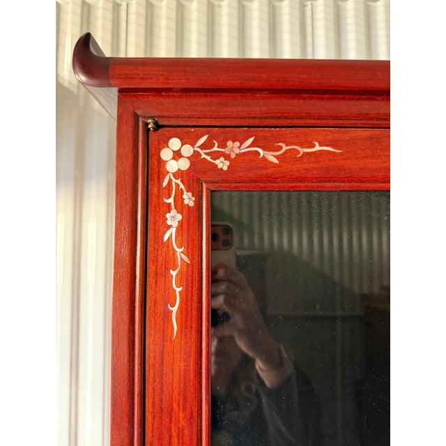 Chinese Vintage Chinese Rosewood Mother-of-Pearl Inlaid China Cabinet – 2 Pieces For Sale - Image 3 of 18