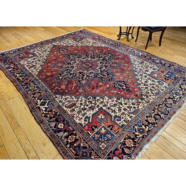 Vintage Heriz Rug, Hand-Knotted Wool, Geometric Medallion Pattern, Brick-Red & Navy, 8x11 For Sale - Image 10 of 12