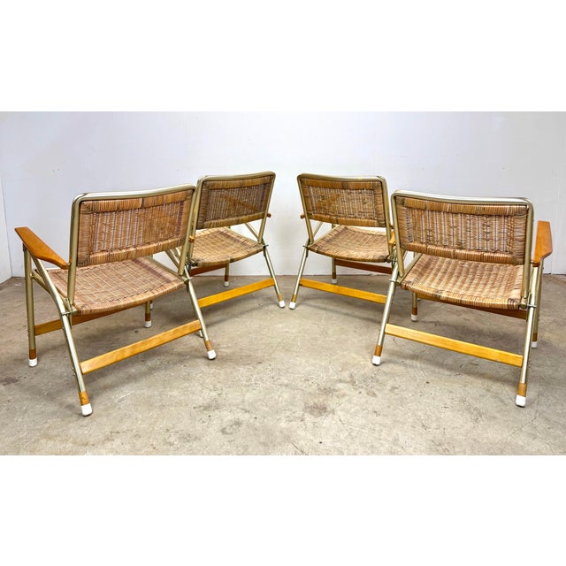 1970’s Mid Century Modern Rattan & Anodized Gold Aluminum Patio / Porch Chairs by Telescope For Sale - Image 4 of 12
