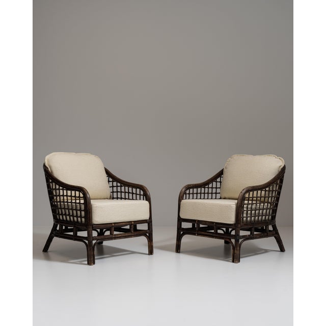 Pair of 20th Century French Dark Brown Mid-Century Organic Modernism Faux Bamboo Upholstered Armchairs For Sale In Greensboro - Image 6 of 15