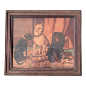 Antique Victorian Chromolithograph of Three Dogs Around a Silver Platter, Copyright 1875 by G. F. Gilman, Period Wood Frame