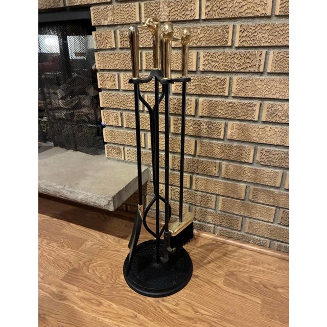 1990s MCM Brass Duck Head Fireplace Tool Set Vintage Mallard Tools + Stand For Sale - Image 5 of 8