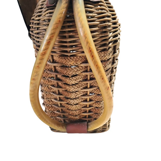 1960s Ooak Mid-Century 1960s Woven Wicker Creel Basket With Leather Flap Tubular Handles For Sale - Image 5 of 17