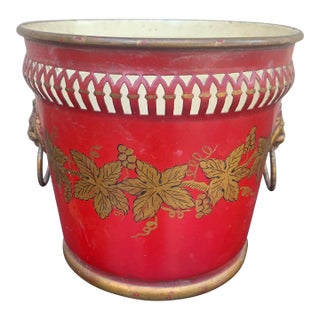 French Red & Gold Tole Cachepot With Lion Head Handles and Pierced Gallery Rim For Sale