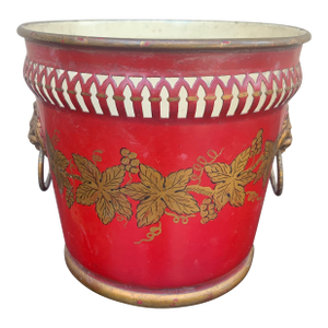 French Red & Gold Tole Cachepot With Lion Head Handles and Pierced Gallery Rim