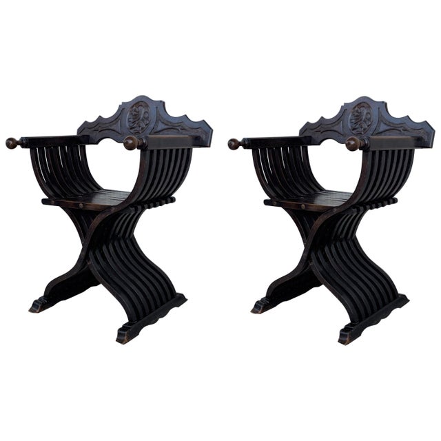 19th Century Pair of Carved Walnut Folding Scissors Savonarola Bench or Settle For Sale - Image 15 of 18