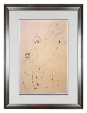 Modern Egon Schiele Lithograph "...Nude Model Before a Mirror" W/Frame