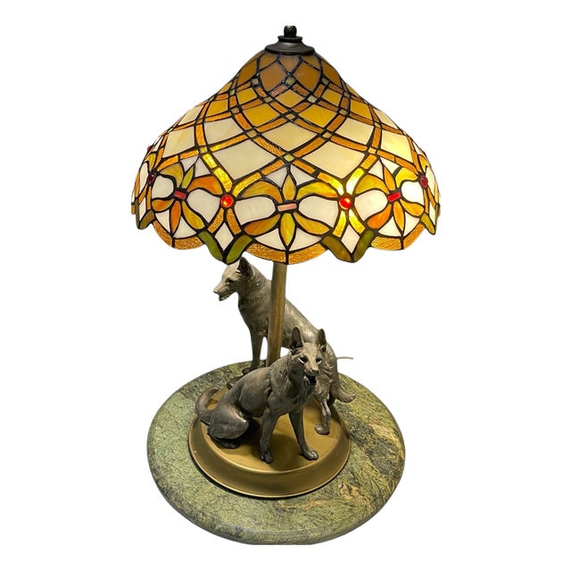 Vintage Dog Table Lamp in the style of Tiffany with Marble Base, 1950s For Sale