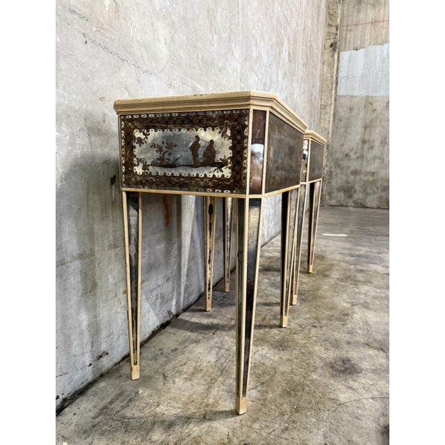Pair of Églomisé Mirrored Chinoiserie Nightstands, Reverse-Painted One-Drawer For Sale - Image 17 of 17